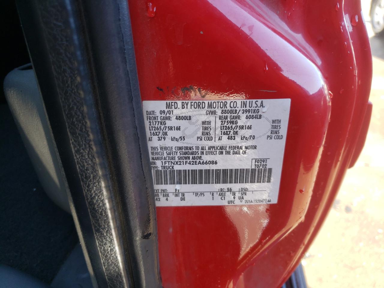 Photo 10 from auction – 2002 FORD F250 SUPER with VIN 1FTNX21F42EA66086
