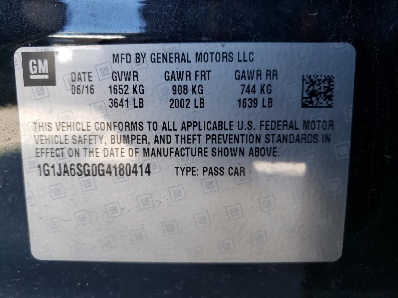 Photo 10 from auction – 2016 CHEVROLET SONIC LS with VIN 1G1JA6SG0G4180414