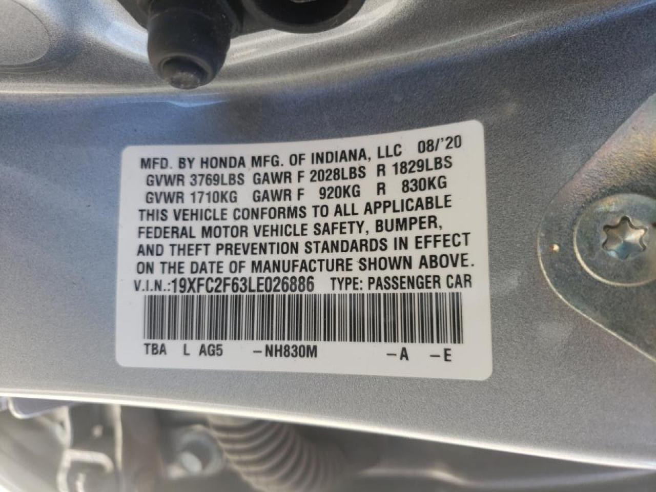 Photo 10 from auction – 2020 HONDA CIVIC LX with VIN 19XFC2F63LE026886