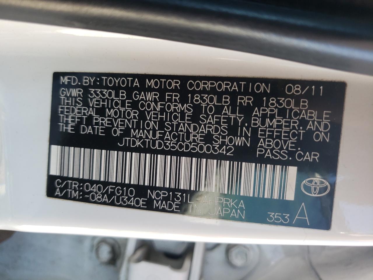 Photo 10 from auction – 2012 TOYOTA YARIS with VIN JTDKTUD35CD500342