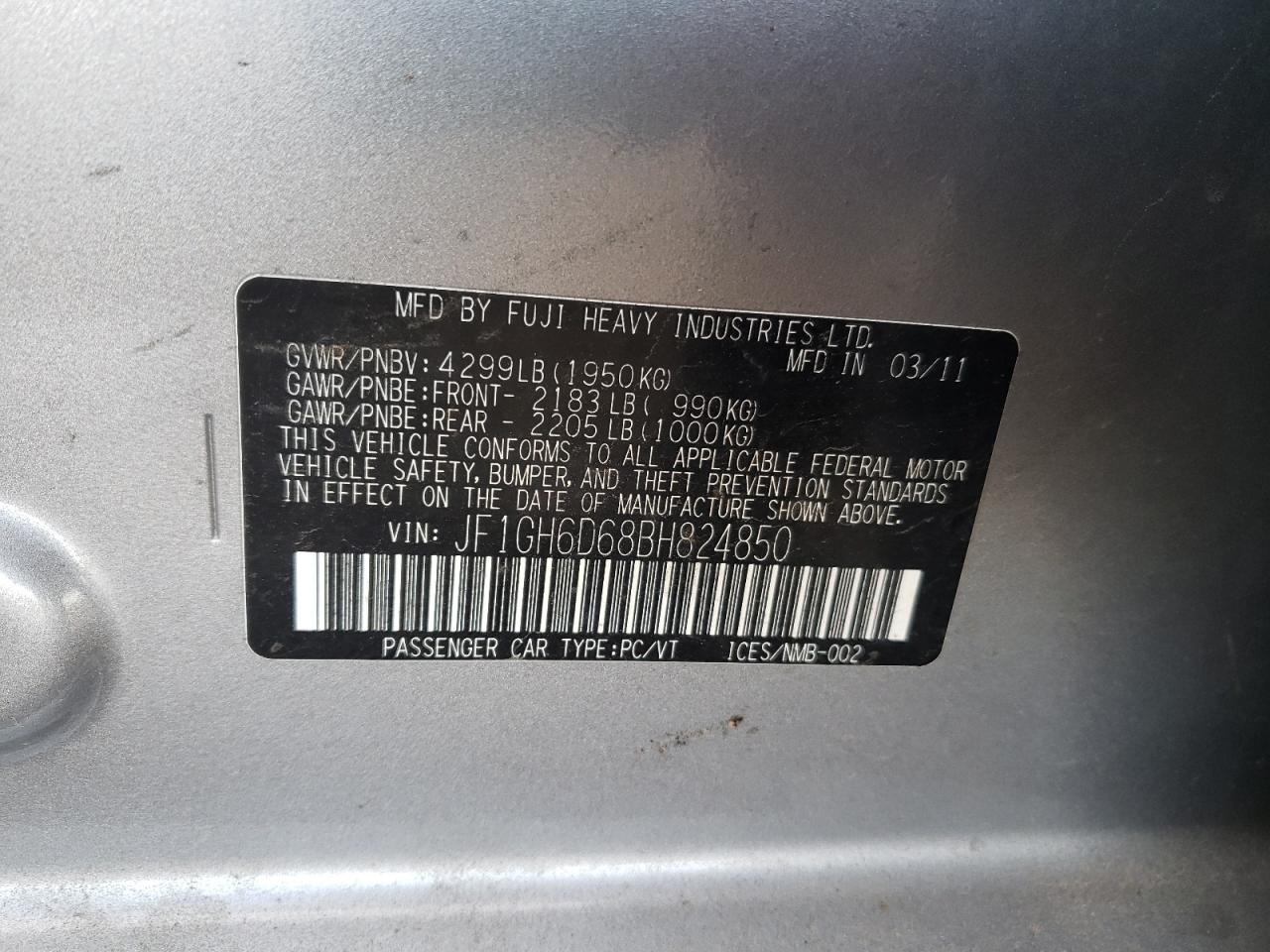 Photo 10 from auction – 2011 SUBARU IMPREZA OU with VIN JF1GH6D68BH824850