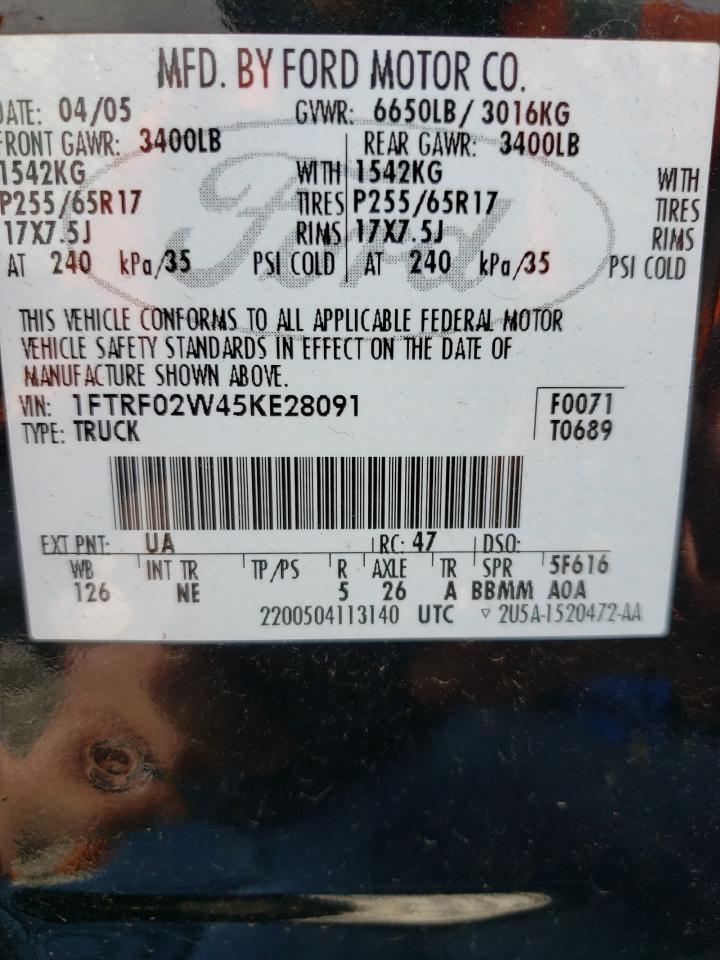Photo 10 from auction – 2005 FORD F150 with VIN 1FTRF02W45KE28091