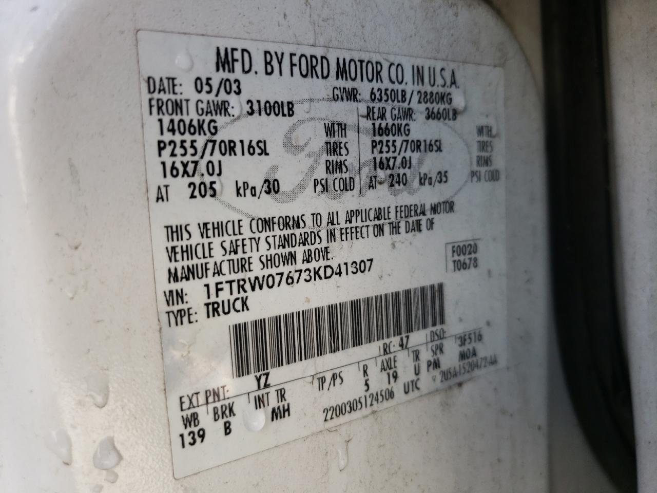 Photo 10 from auction – 2003 FORD F150 SUPER with VIN 1FTRW07673KD41307