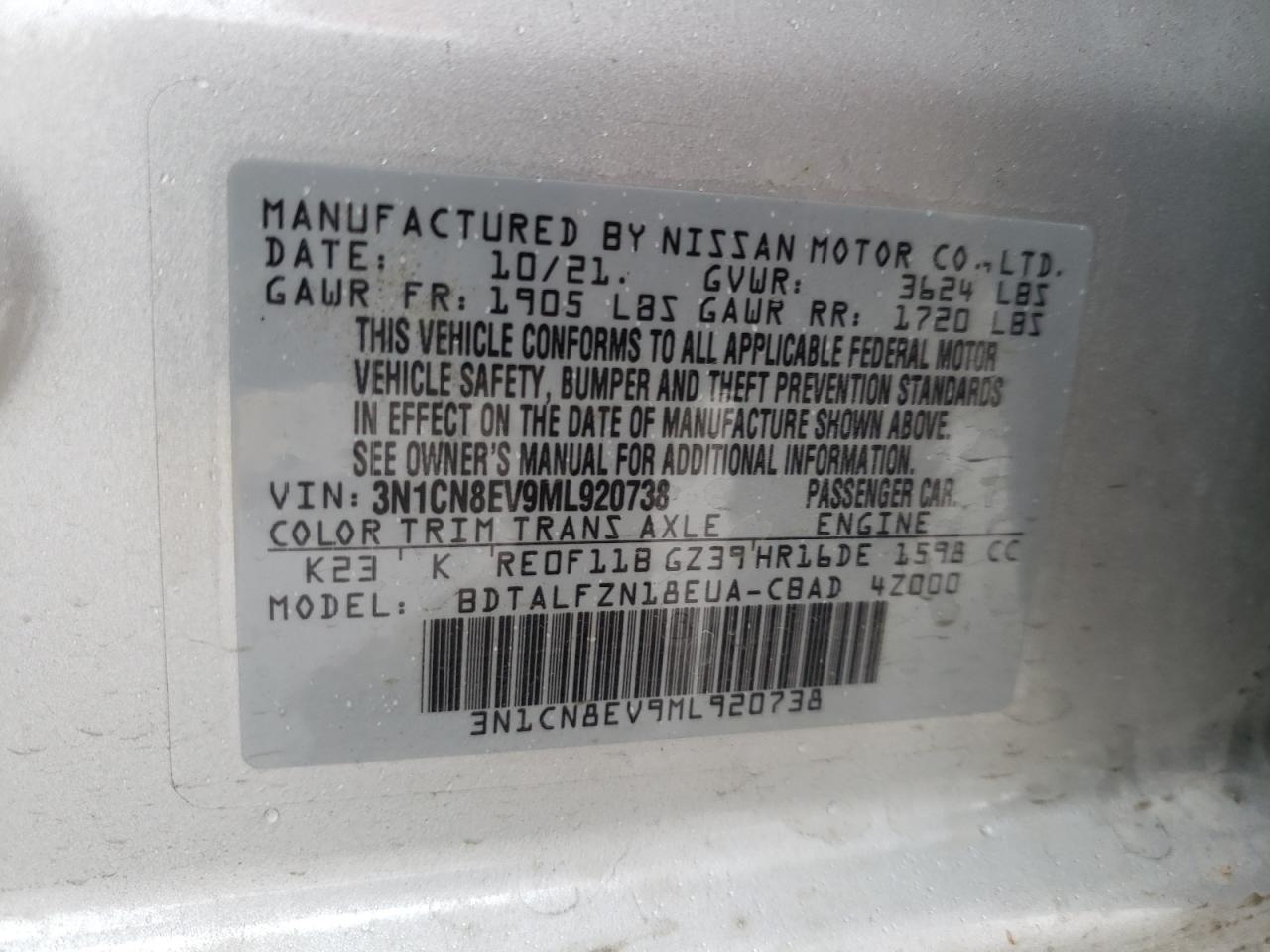Photo 10 from auction – 2021 NISSAN VERSA SV with VIN 3N1CN8EV9ML920738