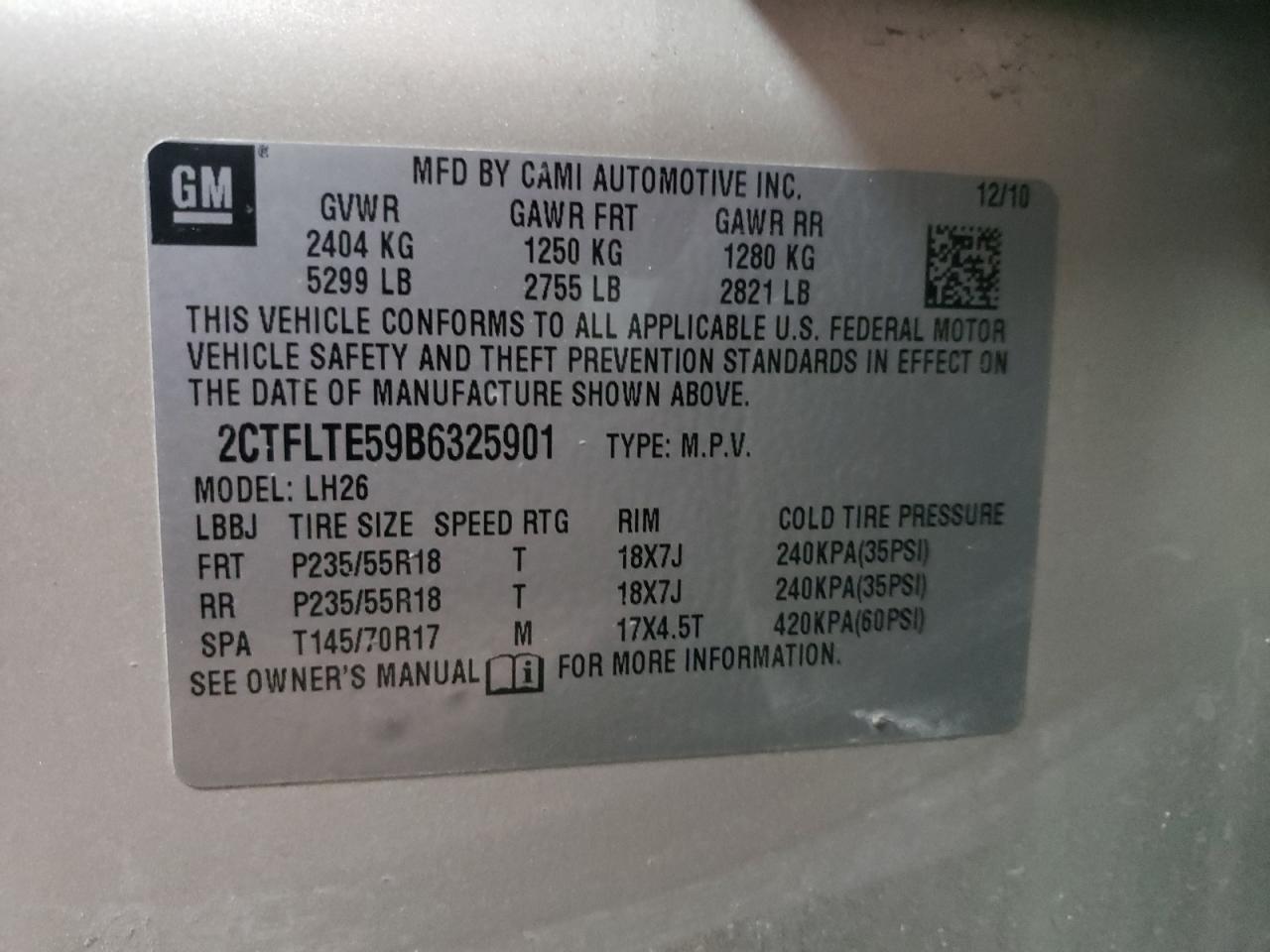 Photo 10 from auction – 2011 GMC TERRAIN SL with VIN 2CTFLTE59B6325901