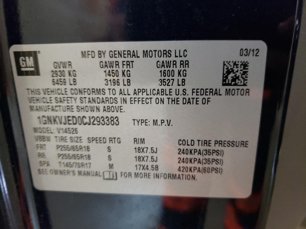 Photo 10 from auction – 2012 CHEVROLET TRAVERSE L with VIN 1GNKVJED0CJ293383