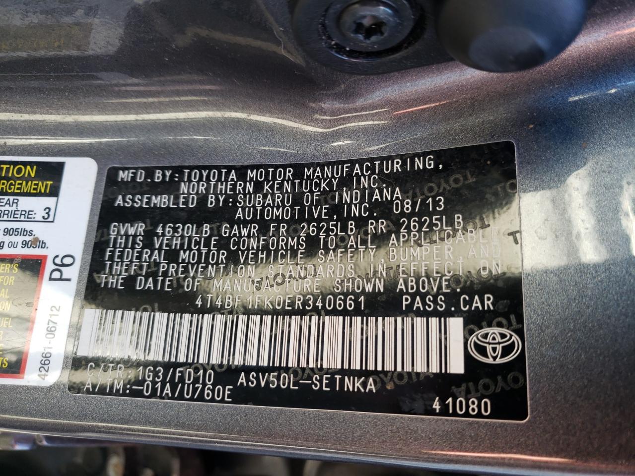 Photo 10 from auction – 2014 TOYOTA CAMRY L with VIN 4T4BF1FK0ER340661
