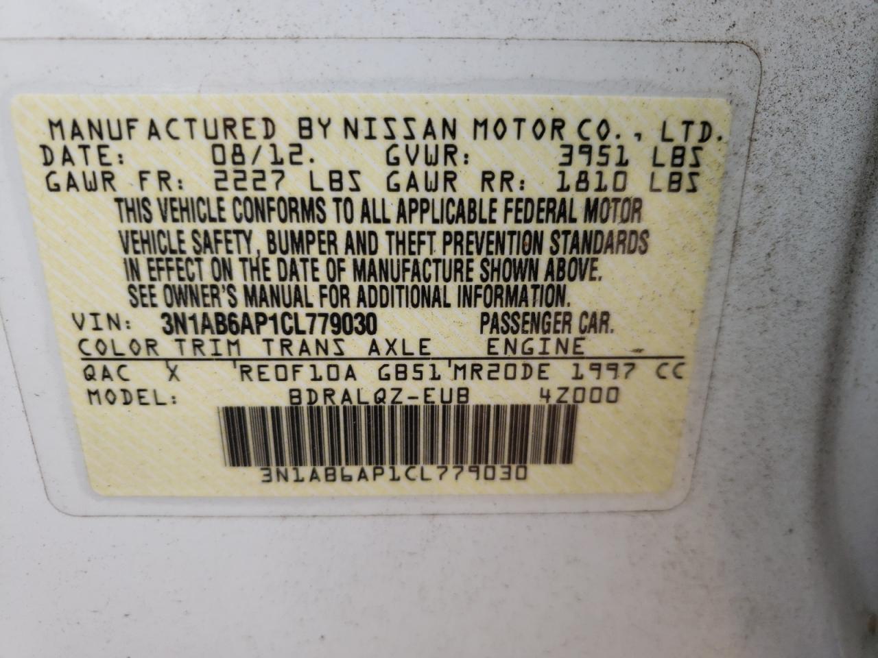 Photo 10 from auction – 2012 NISSAN SENTRA 2.0 with VIN 3N1AB6AP1CL779030
