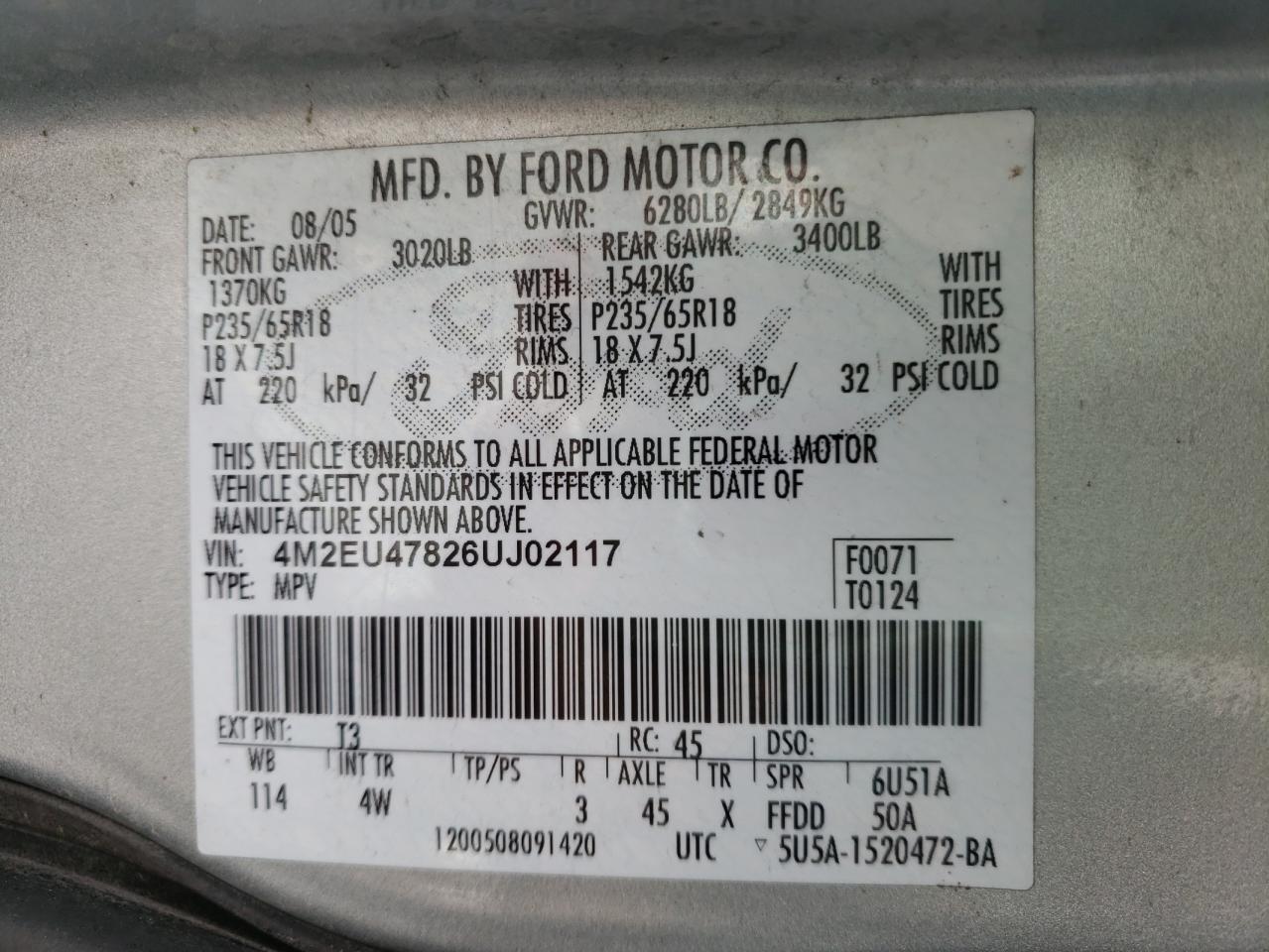 Photo 10 from auction – 2006 MERCURY MOUNTAINEE with VIN 4M2EU47826UJ02117