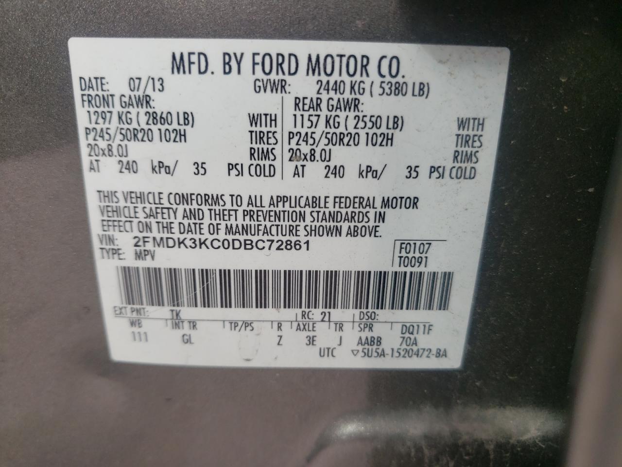 Photo 10 from auction – 2013 FORD EDGE LIMIT with VIN 2FMDK3KC0DBC72861
