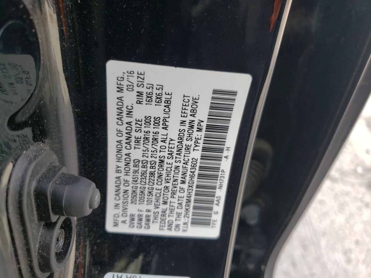 Photo 10 from auction – 2016 HONDA CR-V LX with VIN 2HKRM4H3XGH643602