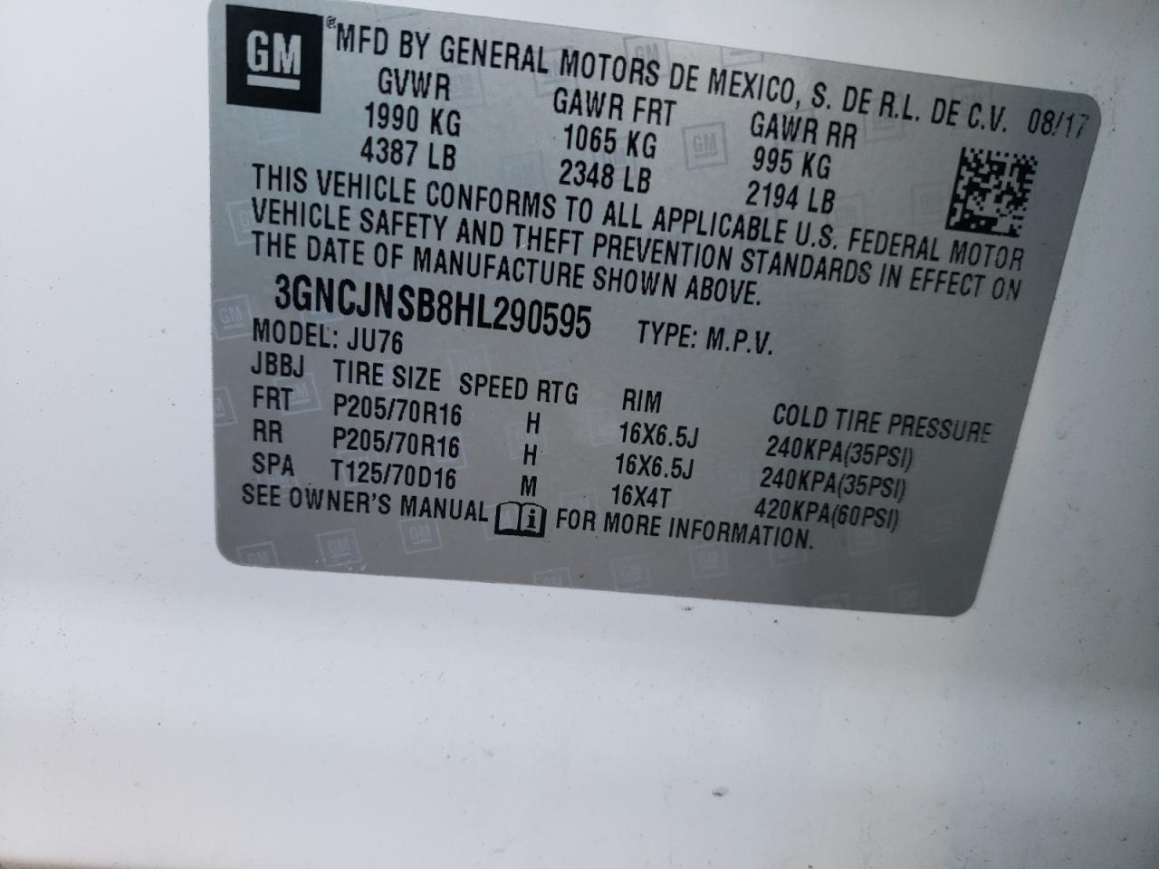 Photo 10 from auction – 2017 CHEVROLET TRAX LS with VIN 3GNCJNSB8HL290595