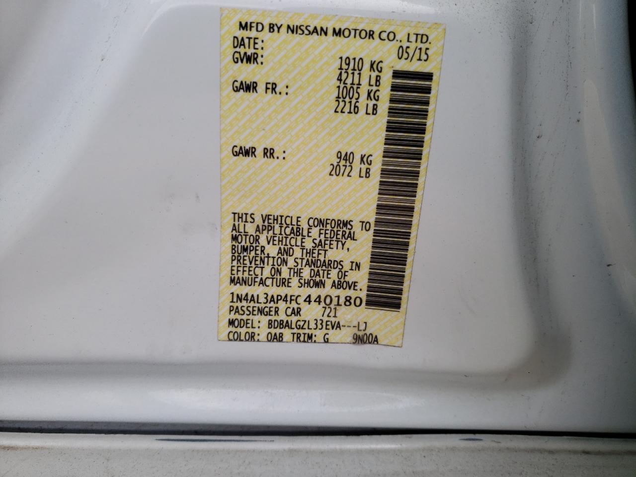 Photo 10 from auction – 2015 NISSAN ALTIMA 2.5 with VIN 1N4AL3AP4FC440180