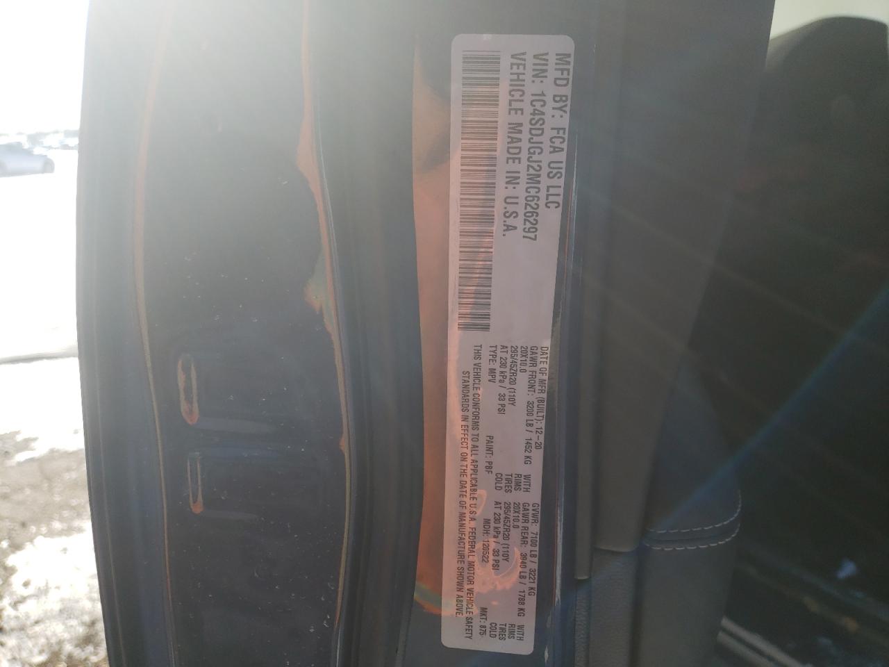 Photo 10 from auction – 2021 DODGE DURANGO SR with VIN 1C4SDJGJ2MC626297