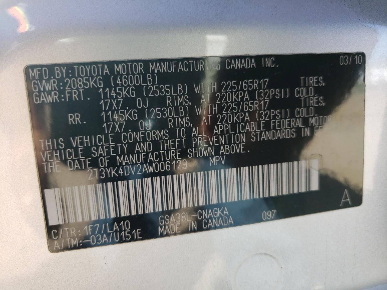 Photo 10 from auction – 2010 TOYOTA RAV4 LIMIT with VIN 2T3YK4DV2AW006129