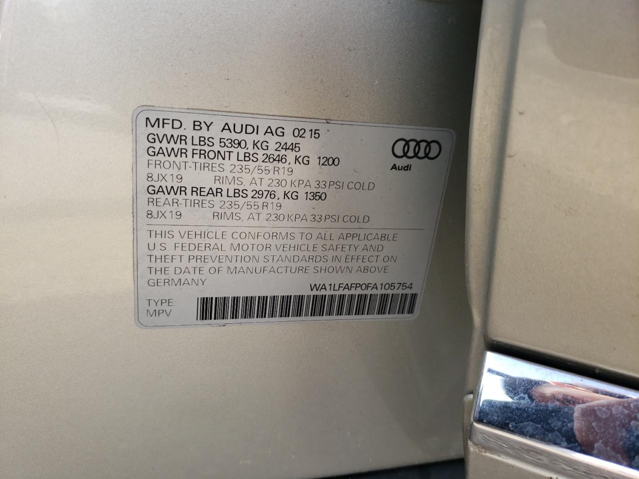 Photo 10 from auction – 2015 AUDI Q5 PREMIUM with VIN WA1LFAFP0FA105754