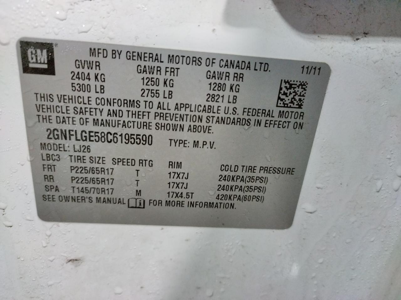 Zdjęcie 10 z aukcji – 2012 CHEVROLET EQUINOX LT z VIN 2GNFLGE58C6195590