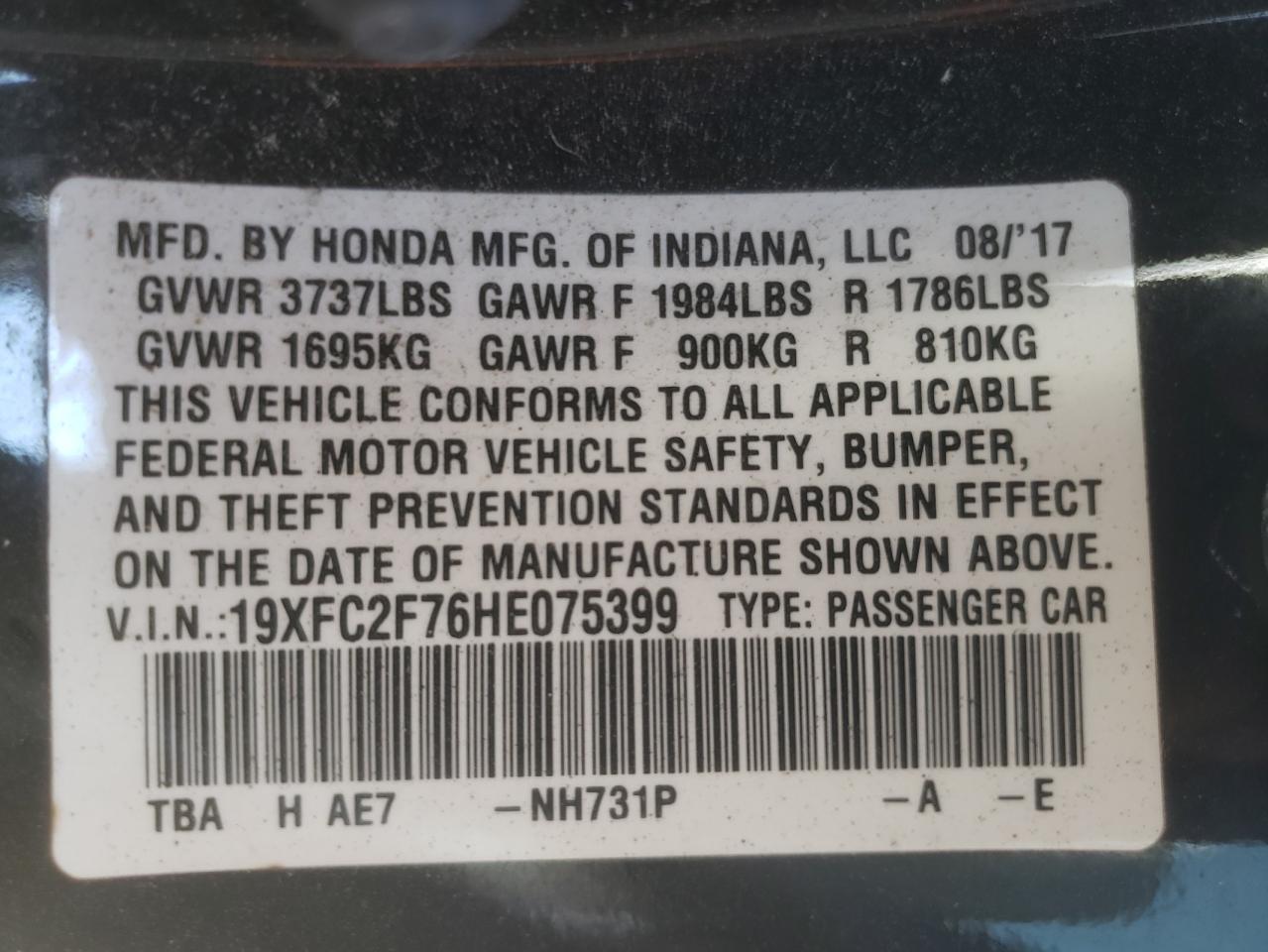 Photo 10 from auction – 2017 HONDA CIVIC EX with VIN 19XFC2F76HE075399
