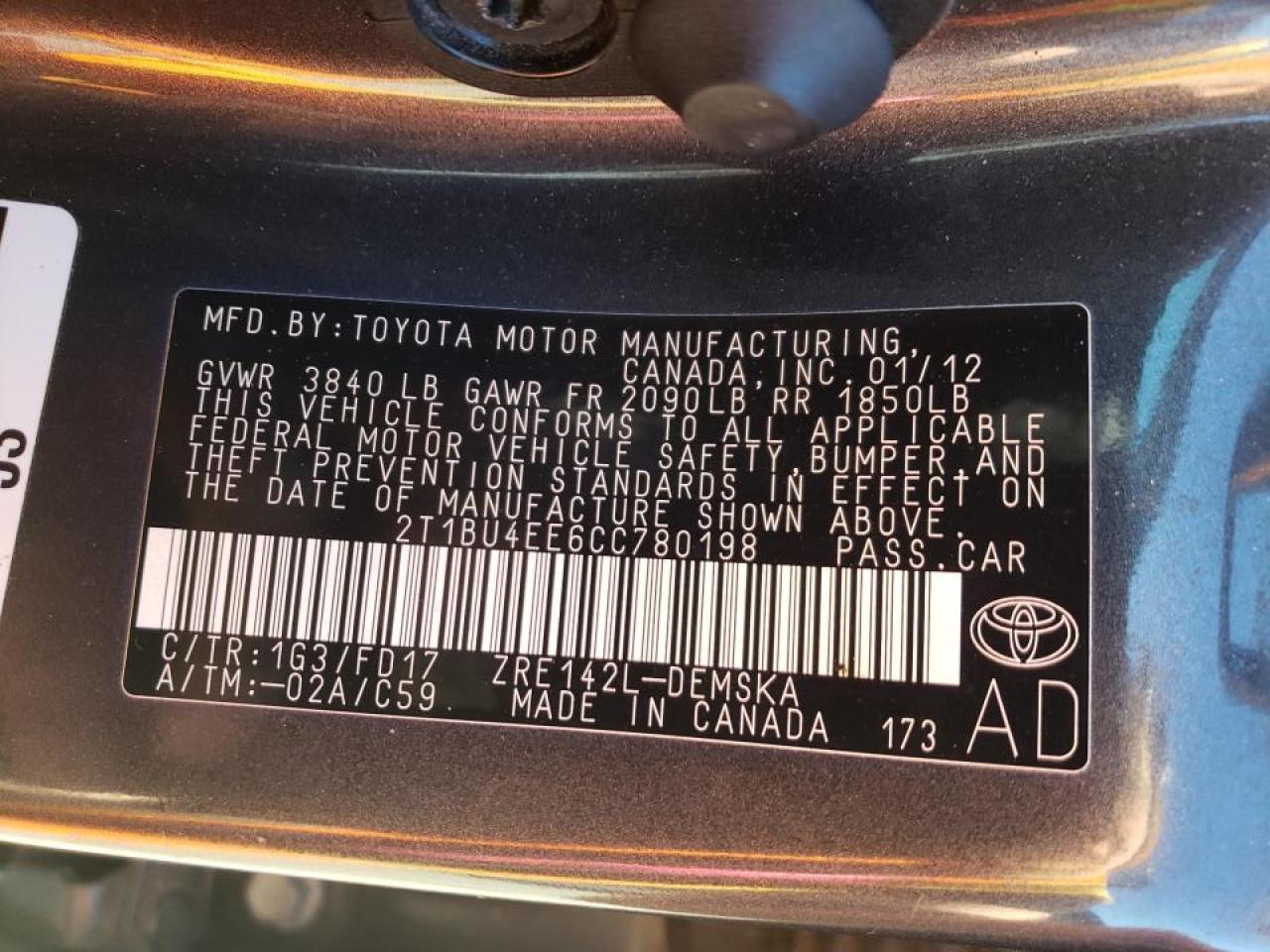 Photo 10 from auction – 2012 TOYOTA COROLLA BA with VIN 2T1BU4EE6CC780198