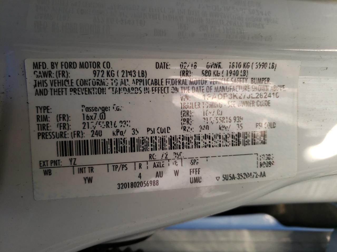 Photo 10 from auction – 2018 FORD FOCUS SE with VIN 1FADP3K27JL262410