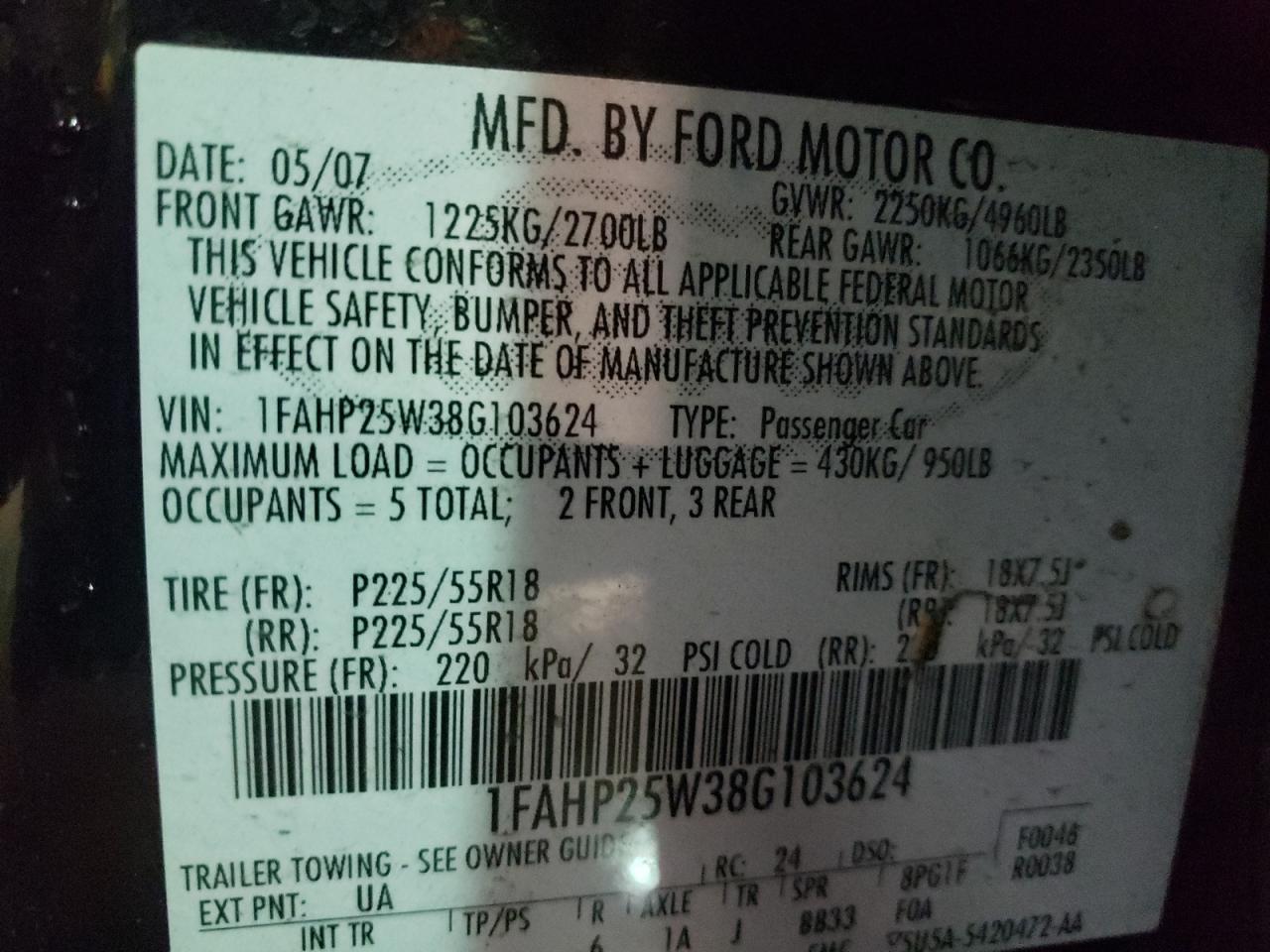 Photo 10 from auction – 2008 FORD TAURUS LIM with VIN 1FAHP25W38G103624