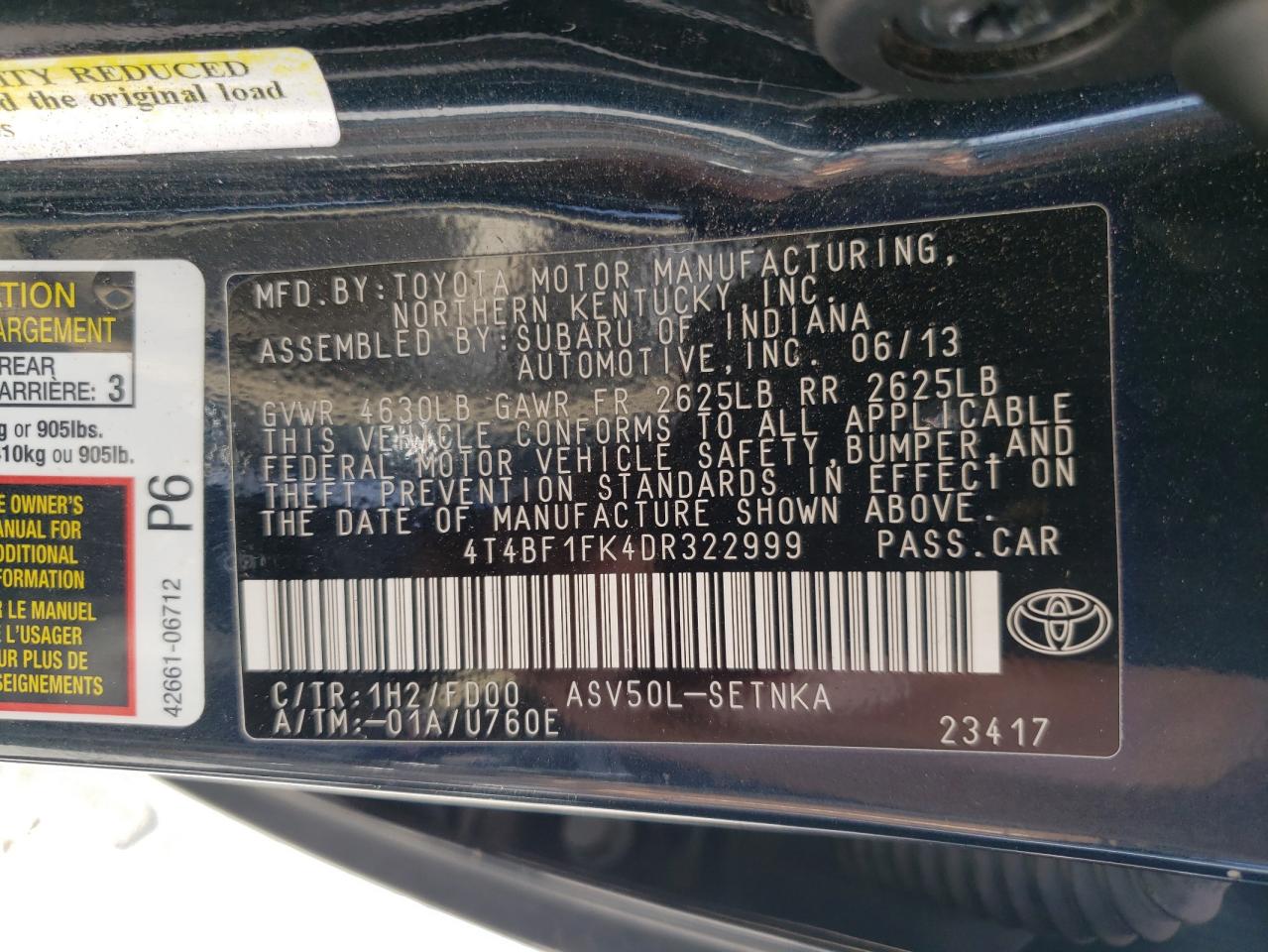 Photo 10 from auction – 2013 TOYOTA CAMRY L with VIN 4T4BF1FK4DR322999