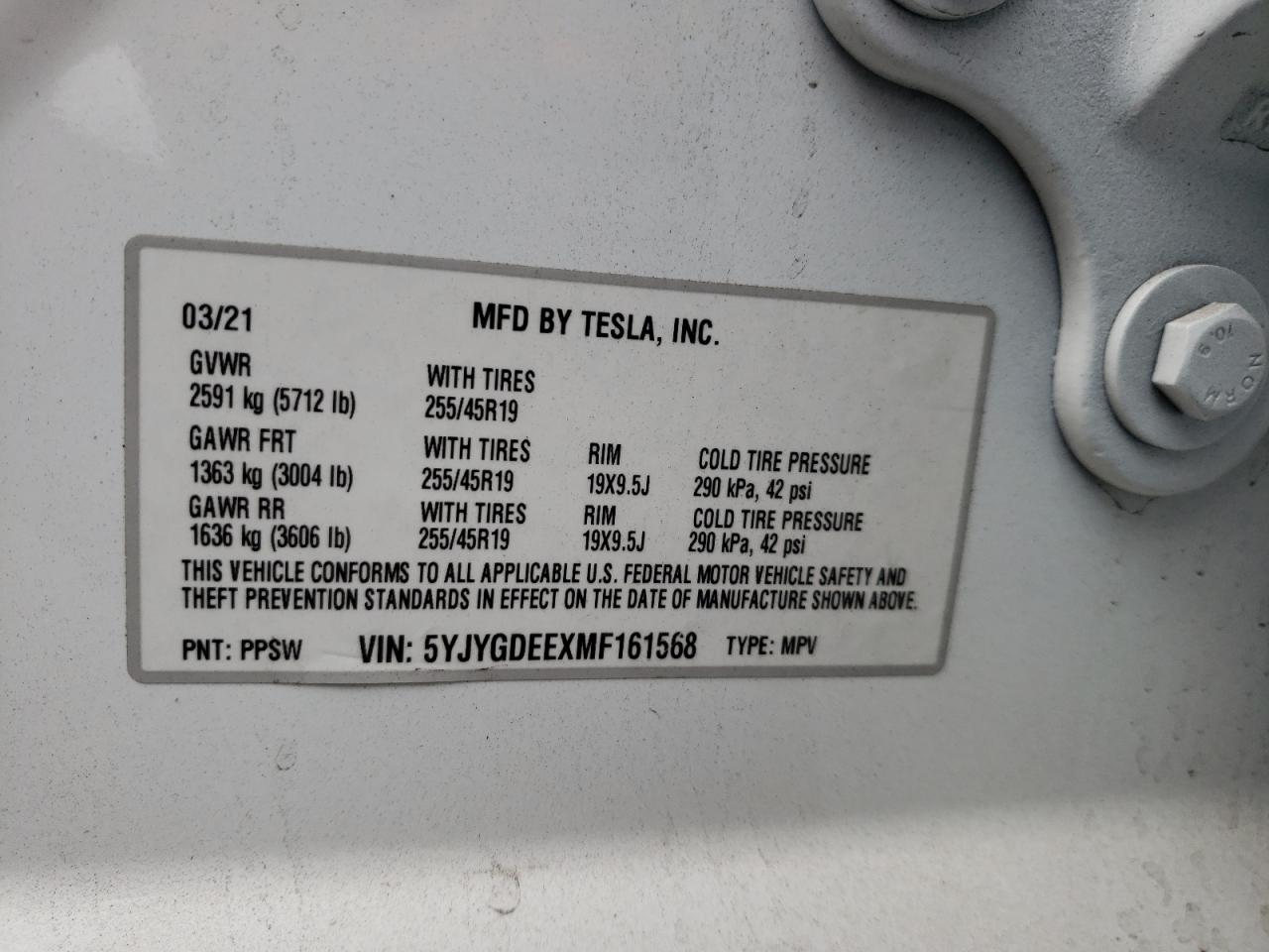 Photo 10 from auction – 2021 TESLA MODEL Y with VIN 5YJYGDEEXMF161568