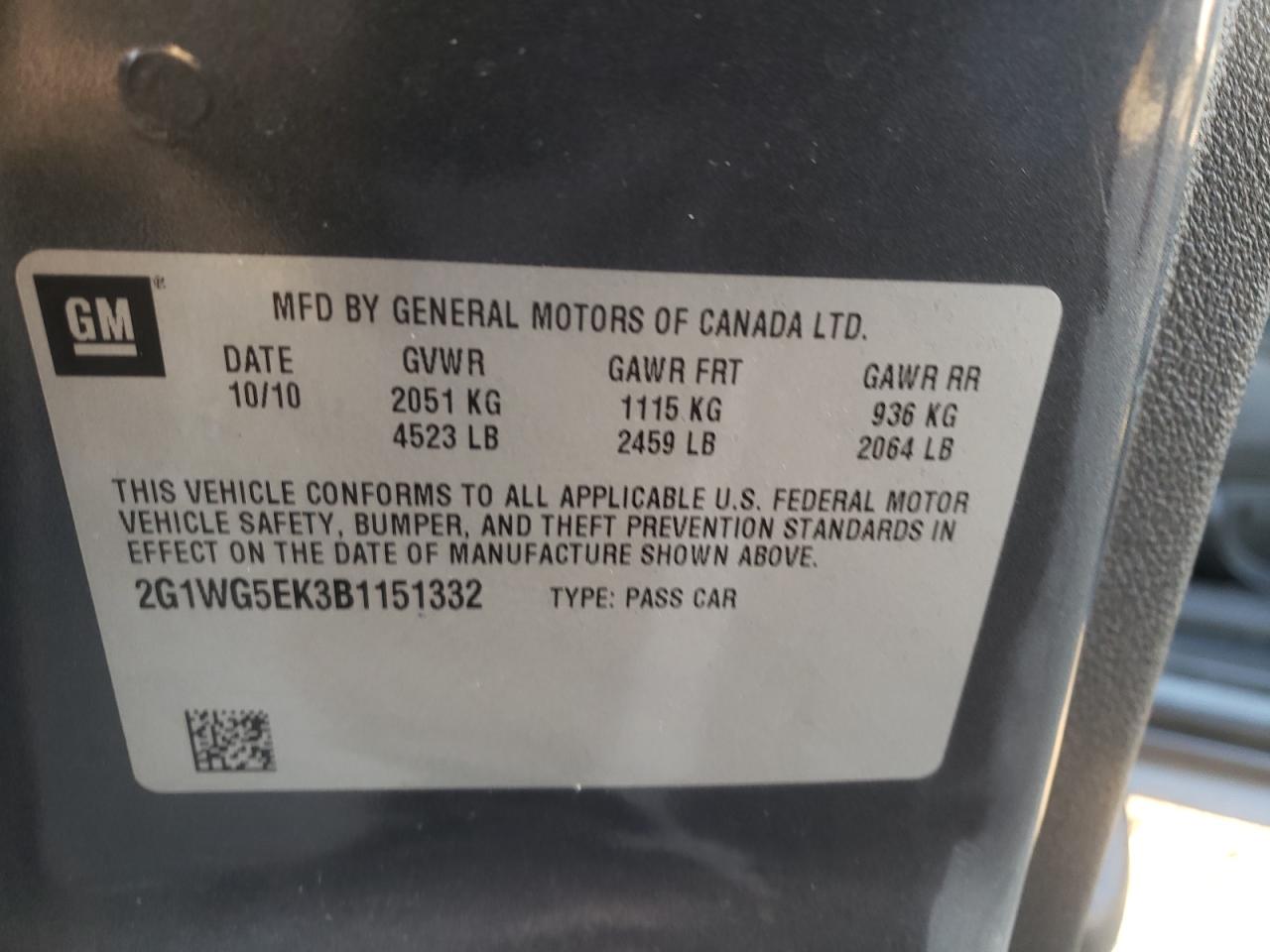 Photo 10 from auction – 2011 CHEVROLET IMPALA LT with VIN 2G1WG5EK3B1151332
