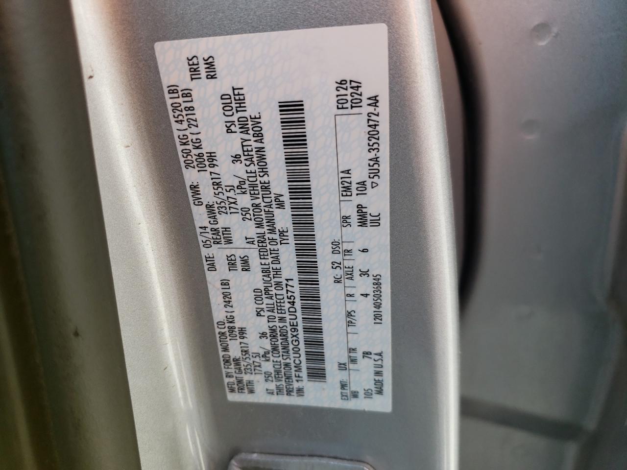 Photo 10 from auction – 2014 FORD ESCAPE SE with VIN 1FMCU0GX9EUD45771