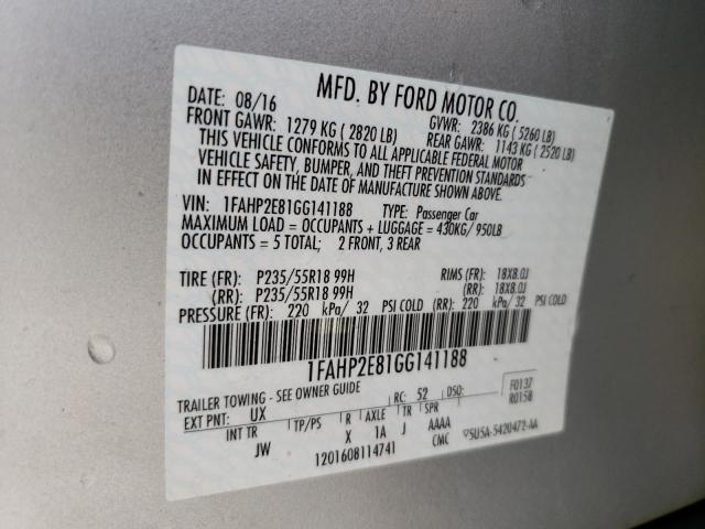 Photo 10 from auction – 2016 FORD TAURUS SEL with VIN 1FAHP2E81GG141188