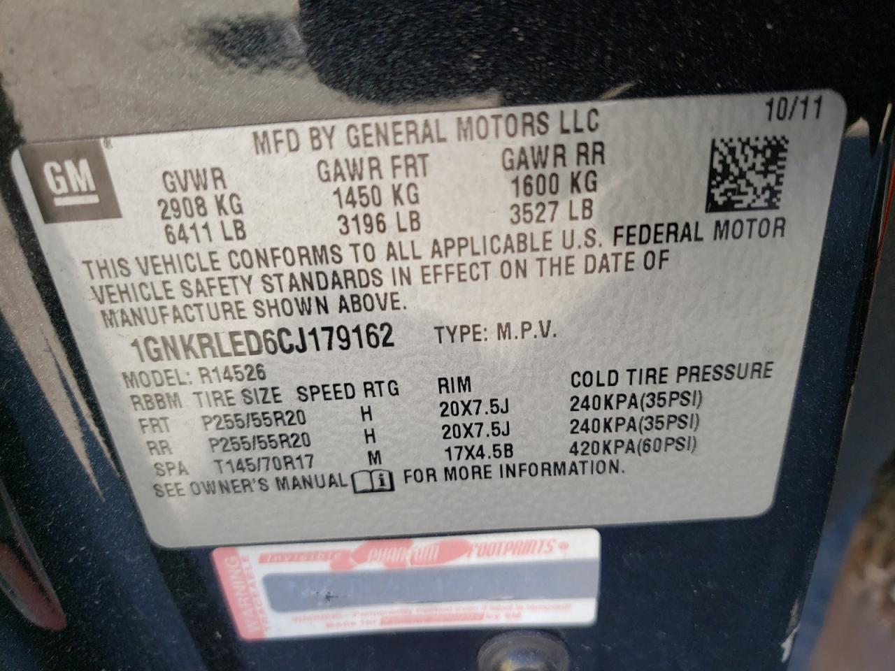 Photo 10 from auction – 2012 CHEVROLET TRAVERSE L with VIN 1GNKRLED6CJ179162