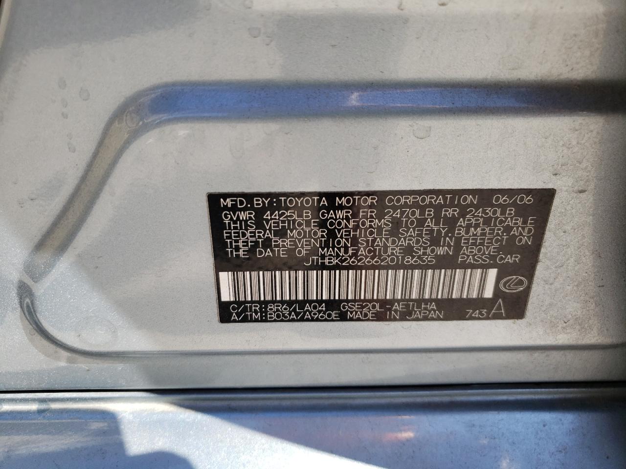 Photo 10 from auction – 2006 LEXUS IS 250 with VIN JTHBK262662018635