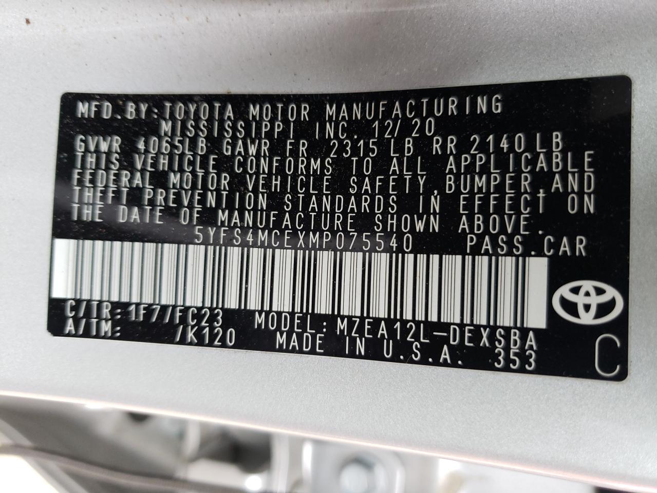 Photo 10 from auction – 2021 TOYOTA COROLLA SE with VIN 5YFS4MCEXMP075540