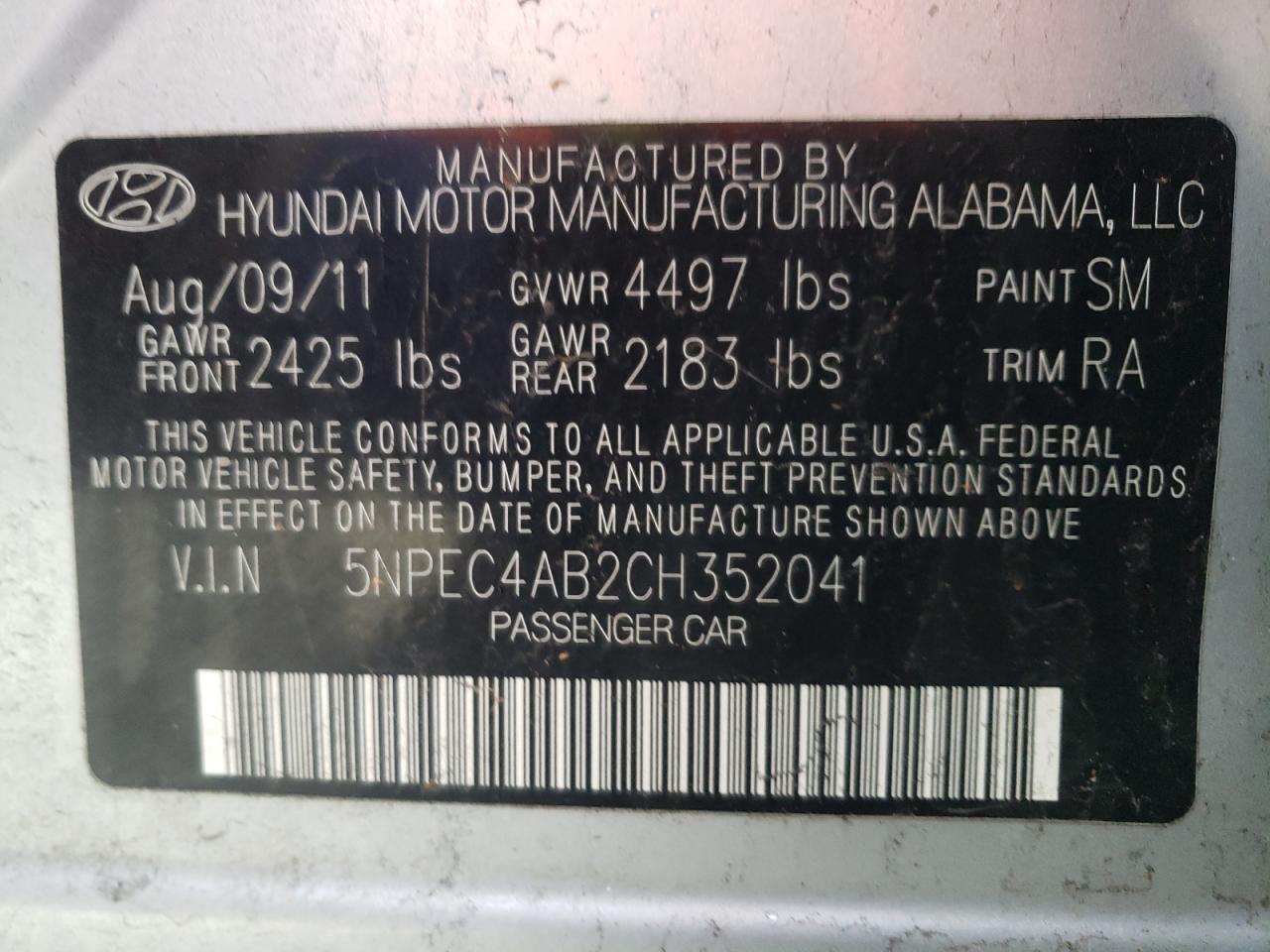 Photo 10 from auction – 2012 HYUNDAI SONATA SE with VIN 5NPEC4AB2CH352041