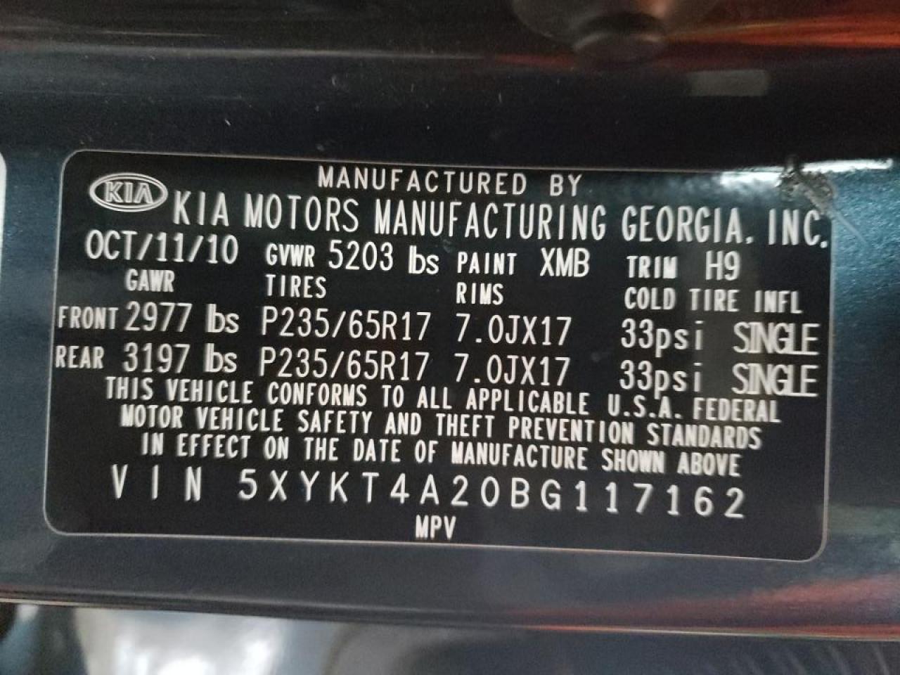 Photo 10 from auction – 2011 KIA SORENTO BA with VIN 5XYKT4A20BG117162