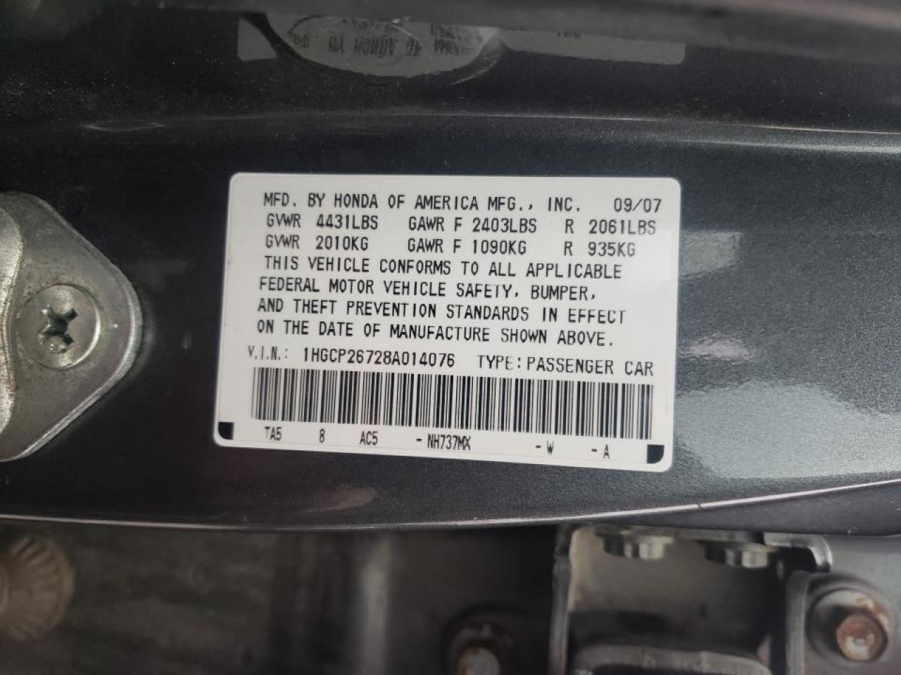 Photo 10 from auction – 2008 HONDA ACCORD EX with VIN 1HGCP26728A014076