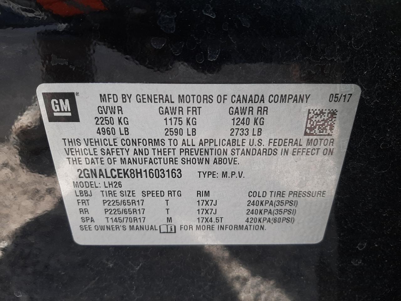 Photo 10 from auction – 2017 CHEVROLET EQUINOX LT with VIN 2GNALCEK8H1603163