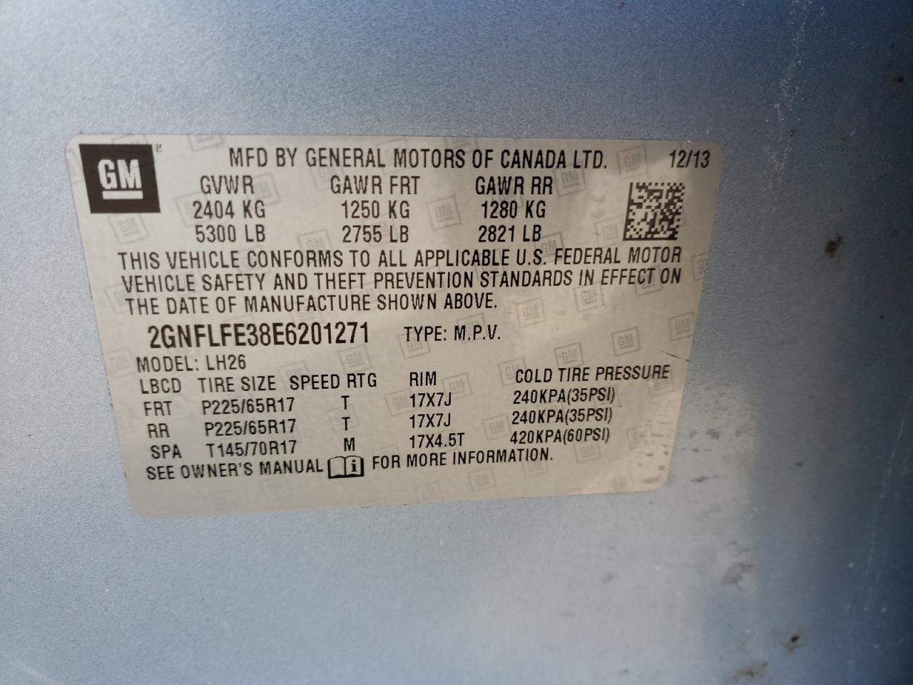 Photo 10 from auction – 2014 CHEVROLET EQUINOX LT with VIN 2GNFLFE38E6201271