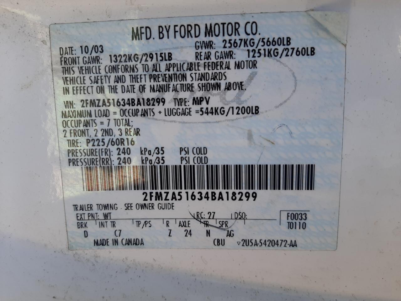 Photo 10 from auction – 2004 FORD FREESTAR S with VIN 2FMZA51634BA18299