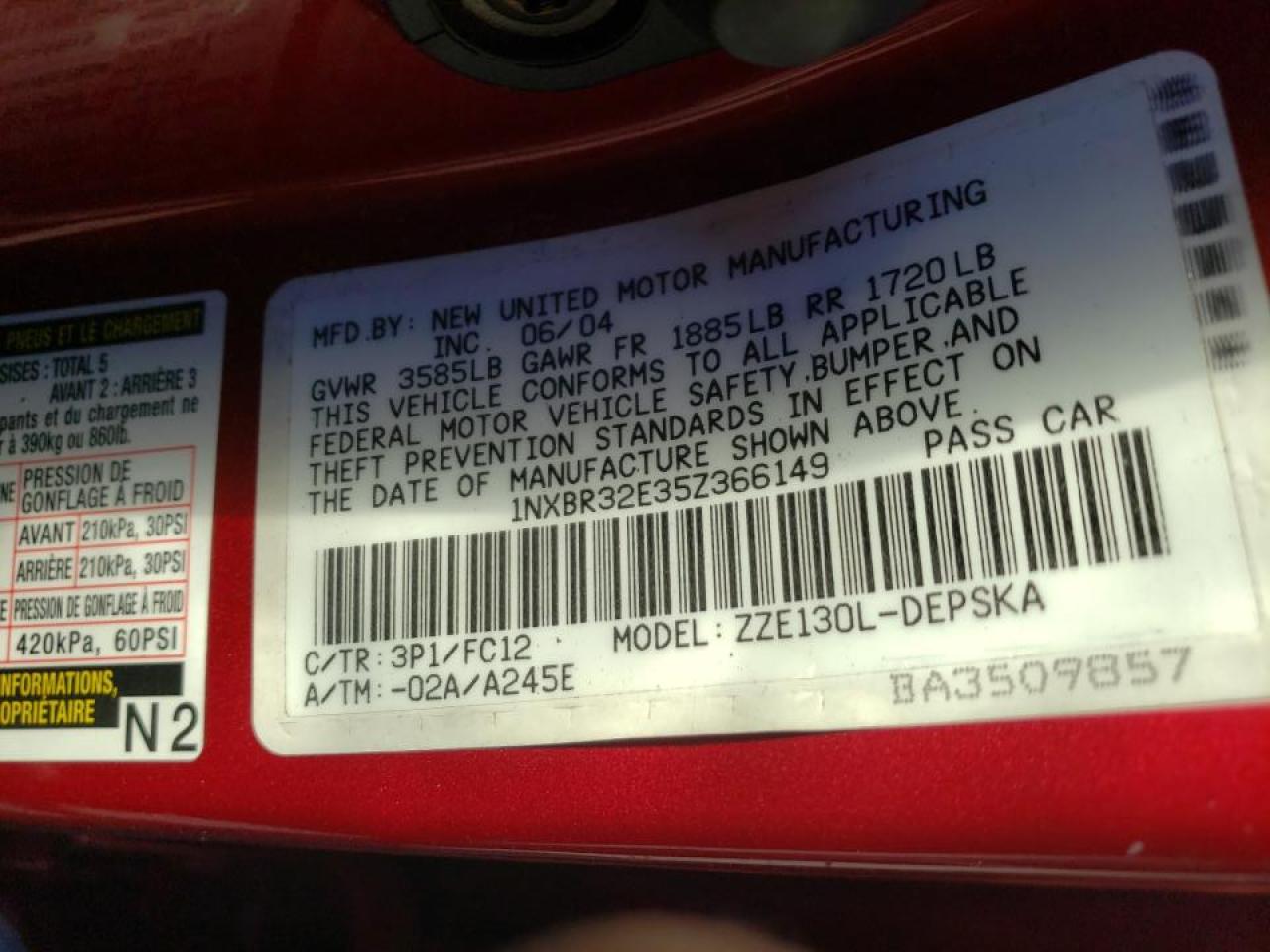 Photo 10 from auction – 2005 TOYOTA COROLLA CE with VIN 1NXBR32E35Z366149