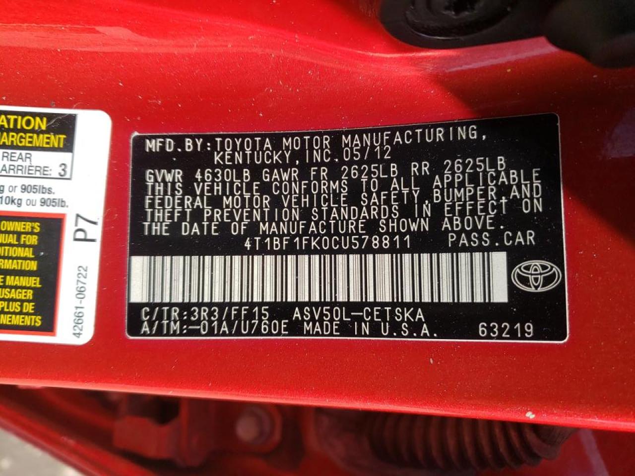 Photo 10 from auction – 2012 TOYOTA CAMRY BASE with VIN 4T1BF1FK0CU578811