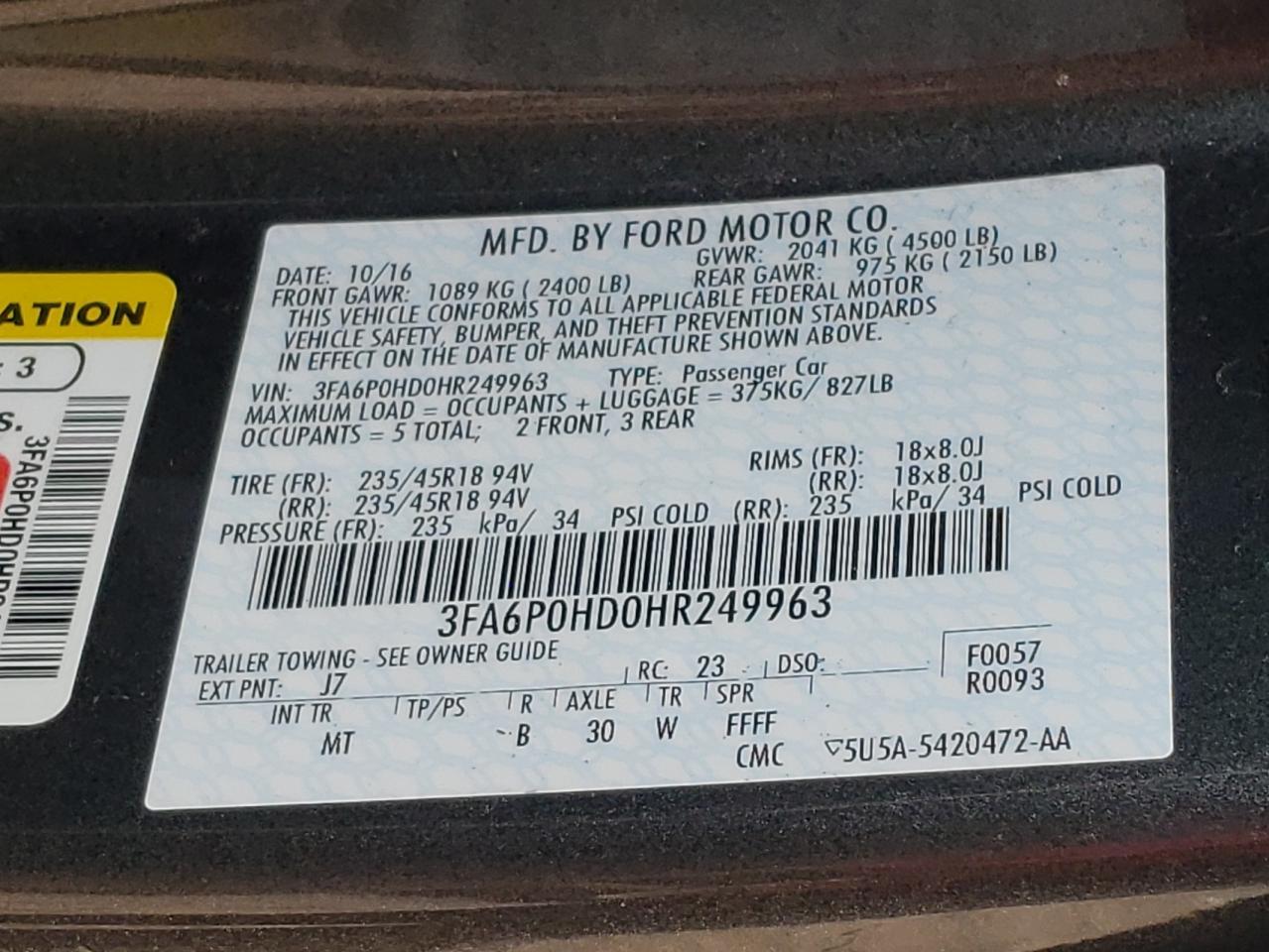 Photo 10 from auction – 2017 FORD FUSION SE with VIN 3FA6P0HD0HR249963