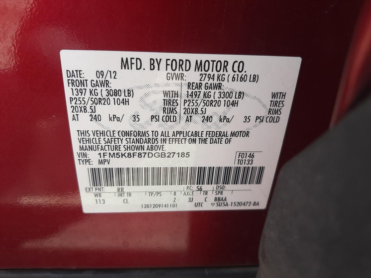 Photo 10 from auction – 2013 FORD EXPLORER L with VIN 1FM5K8F87DGB27185