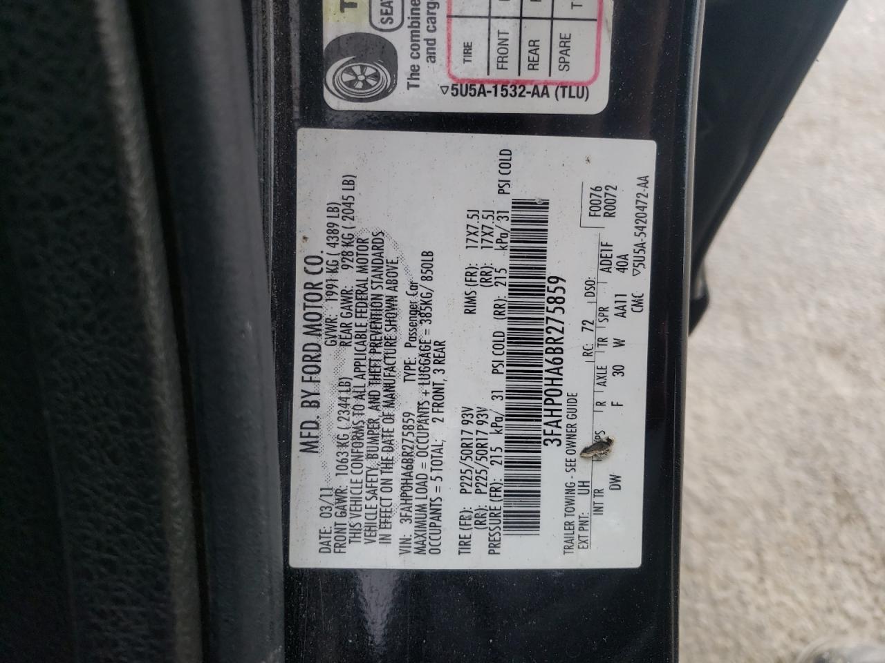 Photo 10 from auction – 2011 FORD FUSION SE with VIN 3FAHP0HA6BR275859
