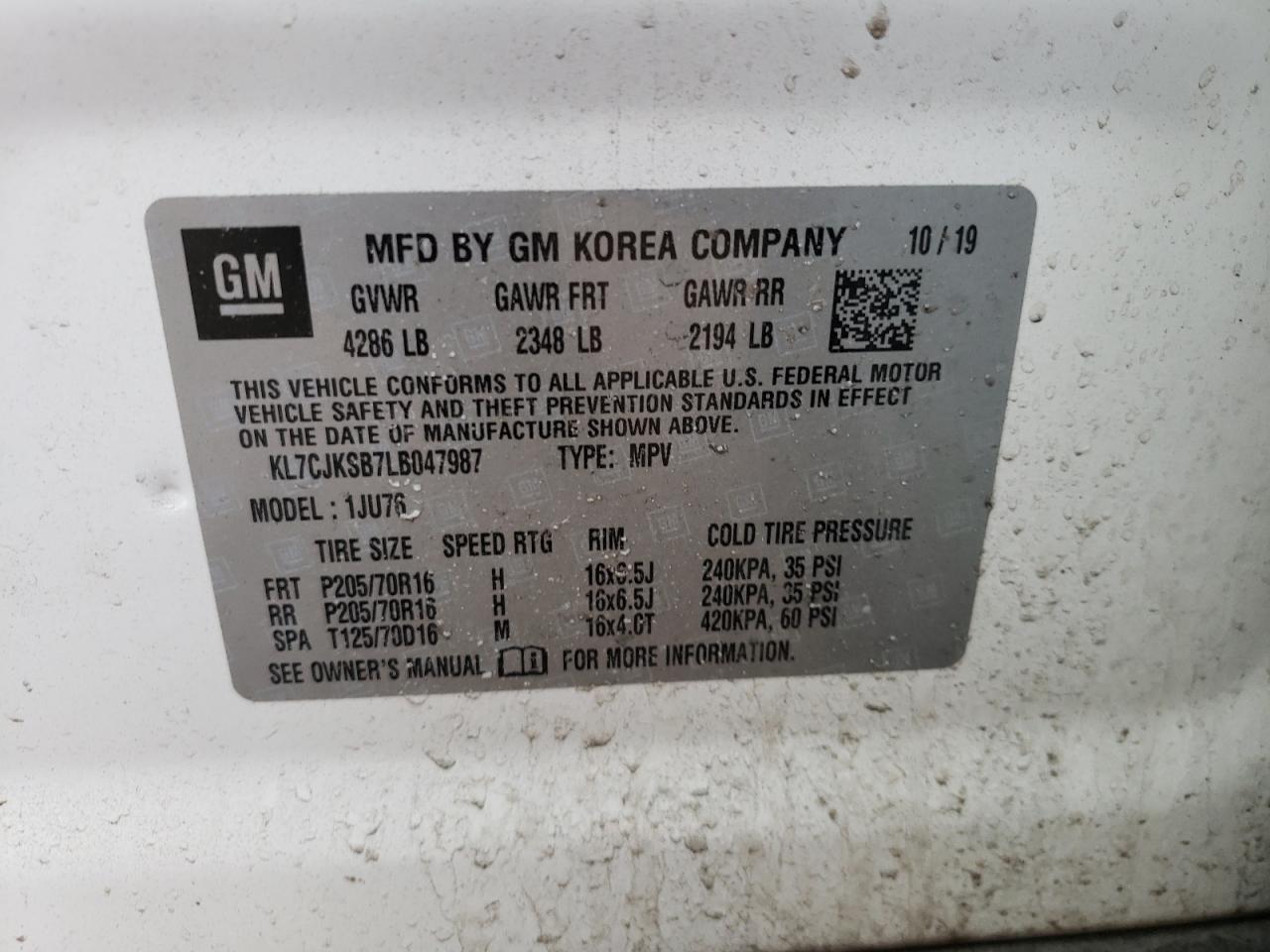 Photo 10 from auction – 2020 CHEVROLET TRAX LS with VIN KL7CJKSB7LB047987