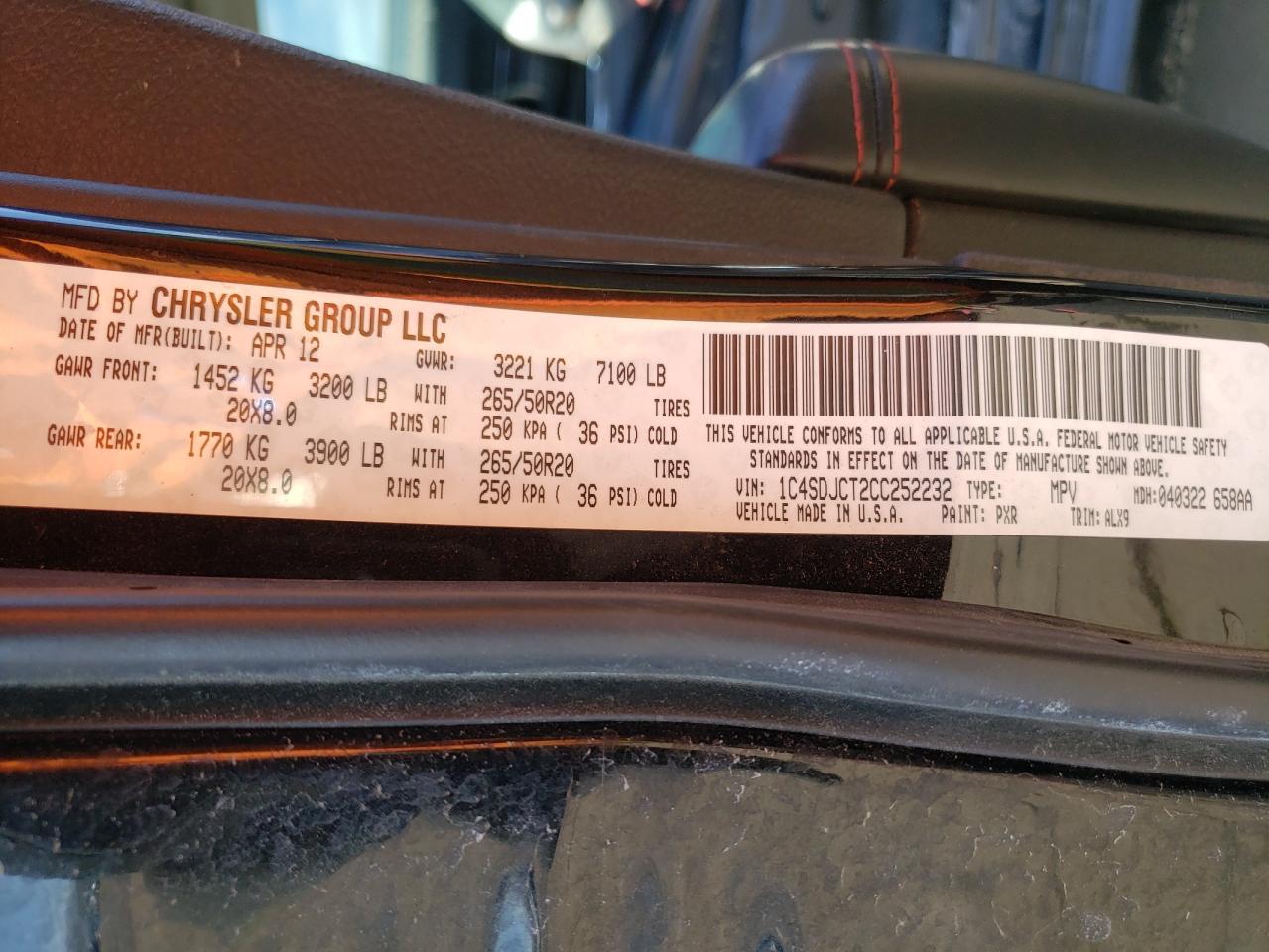 Photo 10 from auction – 2012 DODGE DURANGO R/ with VIN 1C4SDJCT2CC252232