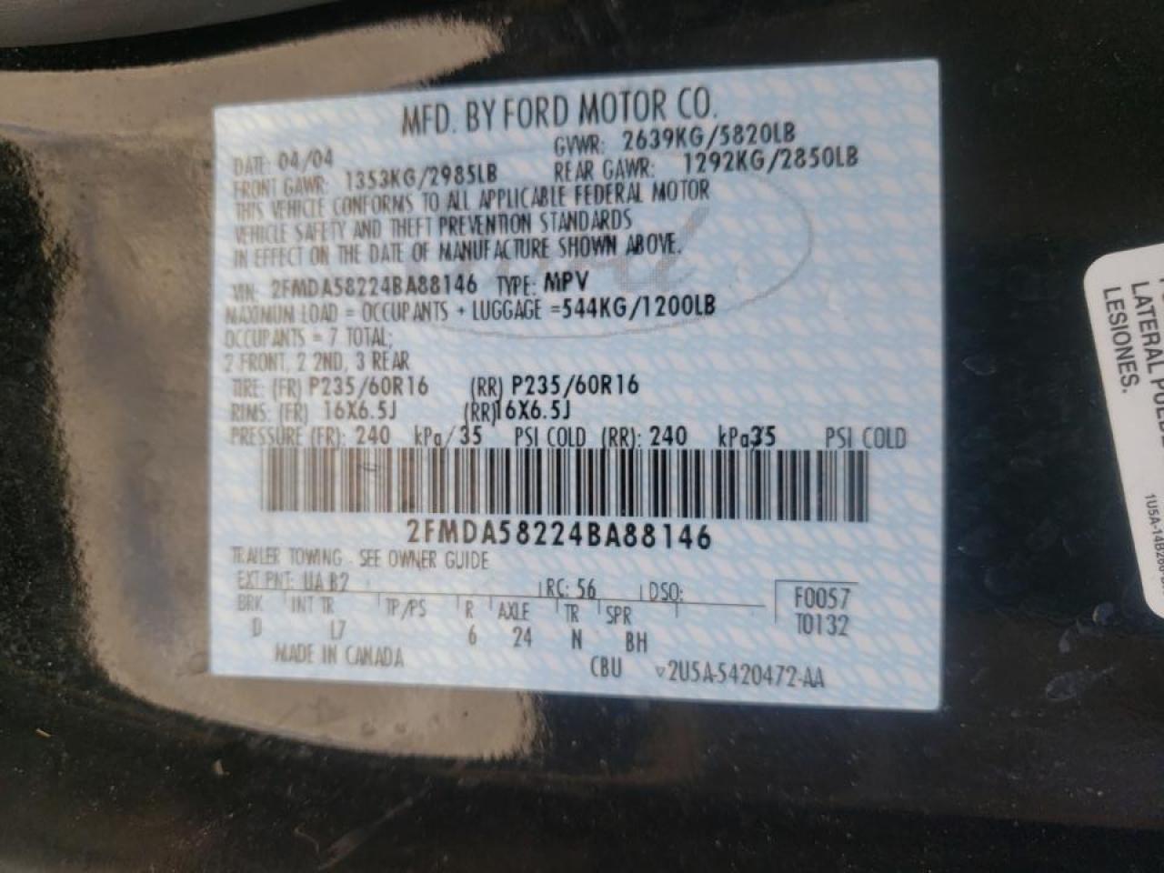 Photo 10 from auction – 2004 FORD FREESTAR L with VIN 2FMDA58224BA88146