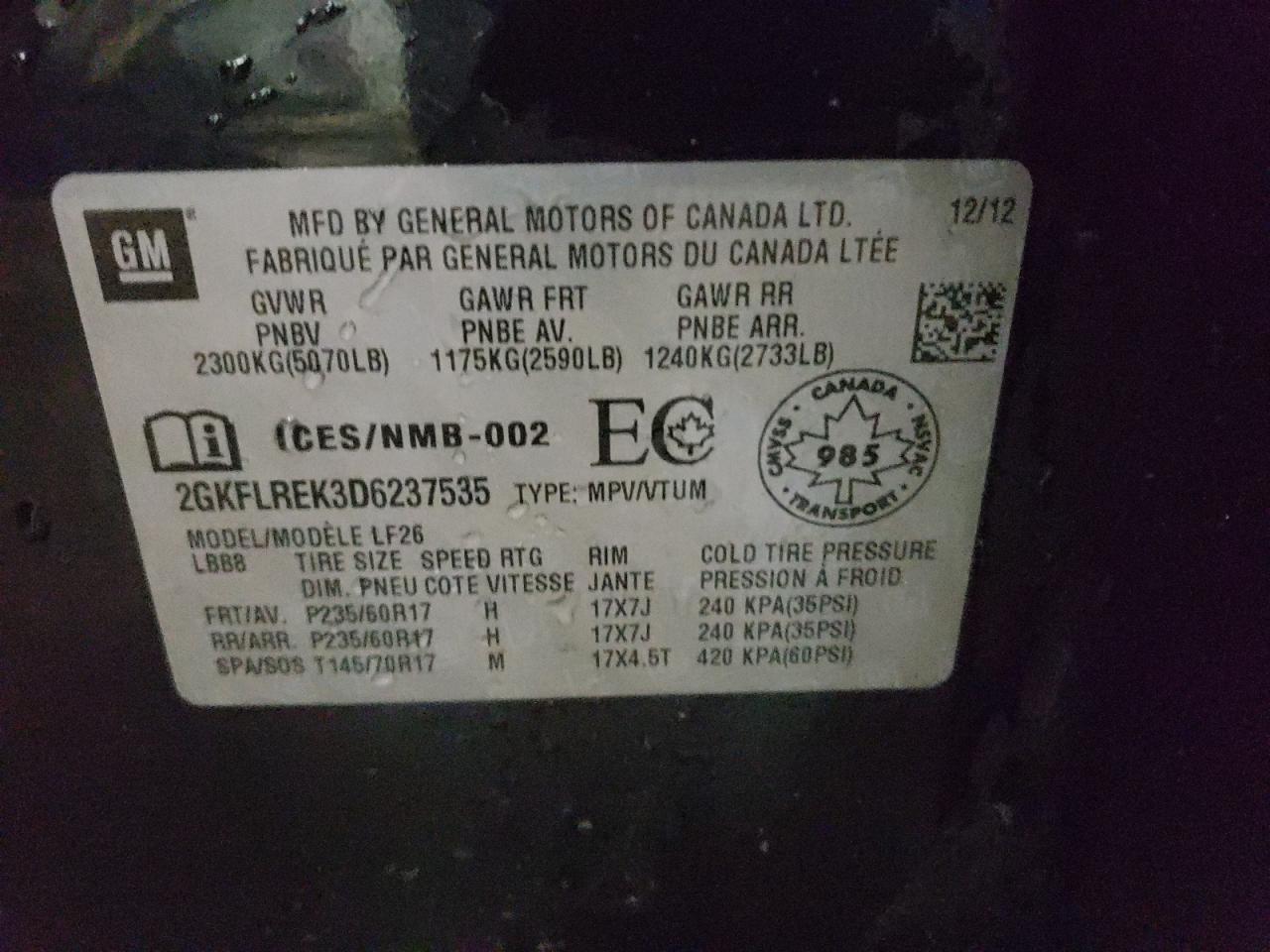 Photo 10 from auction – 2013 GMC TERRAIN SL with VIN 2GKFLREK3D6237535