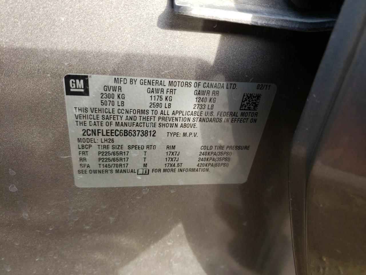 Photo 10 from auction – 2011 CHEVROLET EQUINOX LT with VIN 2CNFLEEC6B6373812