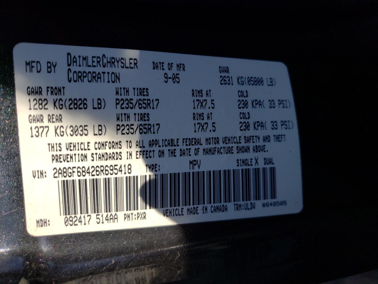 Photo 10 from auction – 2006 CHRYSLER PACIFICA T with VIN 2A8GF68426R695418